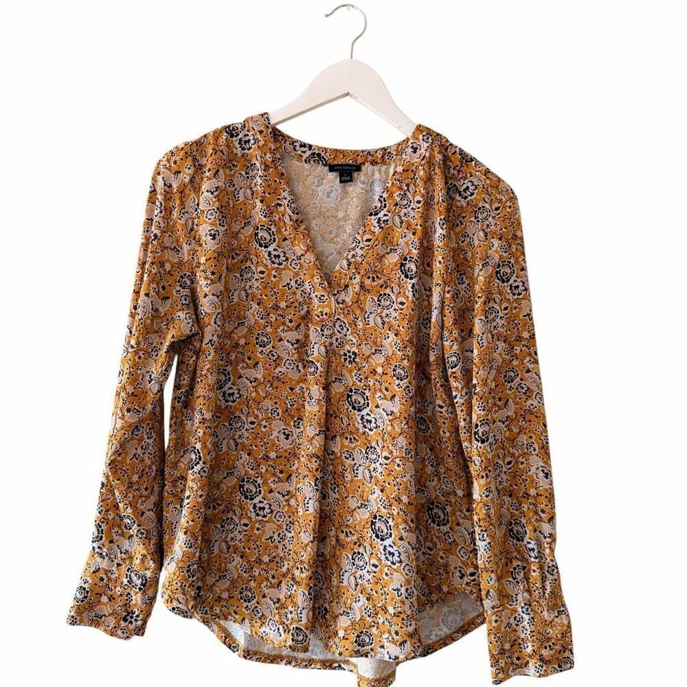 Ann Taylor Floral Mixed Media Pleat Front Mustard Black Office  Blouse Sz MP